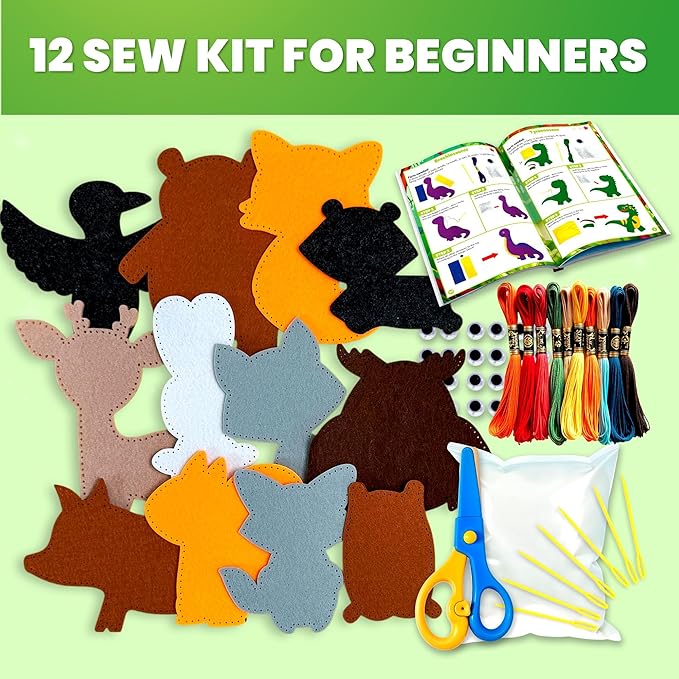 QUOKKA Kids Crafts Ages 4-8, DIY Beginner Needle and Thread Kit - 12 Wild Animals Sewing Kit Basic - Fun Arts Crafts for Kids Ages 6-8 Girls Boys - Plastic Needles, Scissors - 6+ Year Old Girl Gifts