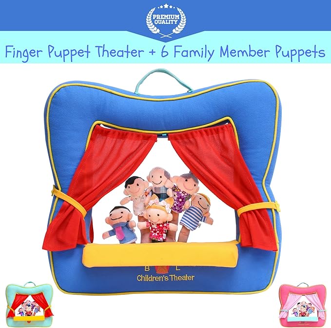 Finger Puppet Theater Stage by Better Line - Set Includes 6 Finger Family Puppets - Portable Plush Finger Puppet Theater is The Best Preschool Kids (Blue)