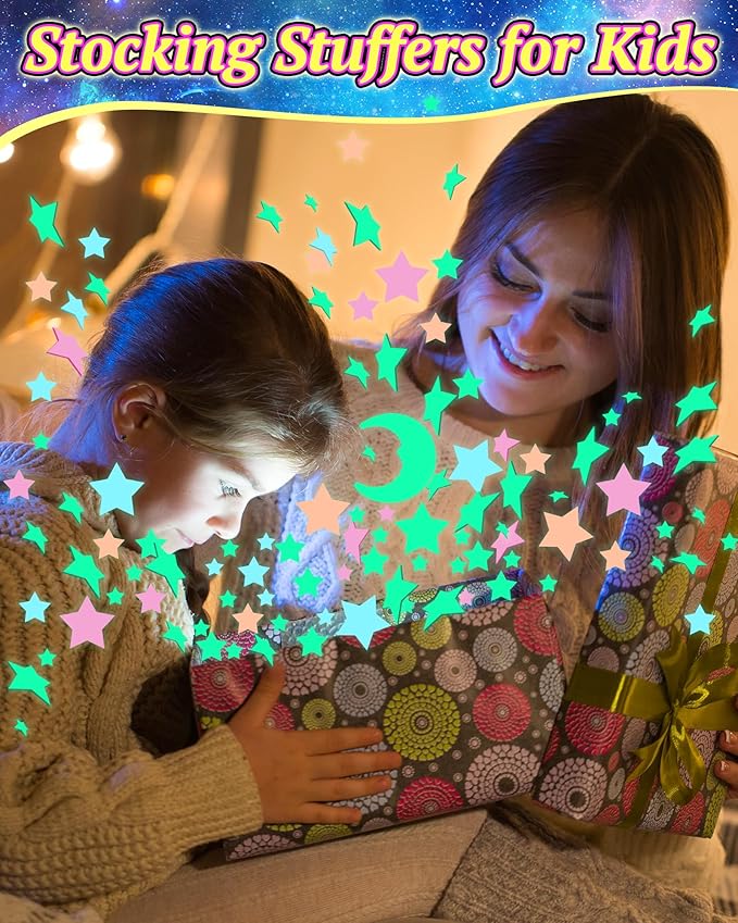 201 Pcs Glow in The Dark Stars Stickers for Ceiling, Toddler Stocking Stuffers Wall Room Decor Gifts, Luminous 3D Glowing Stars Easter Basket Stuffers for Kids Boys Girls - Multi