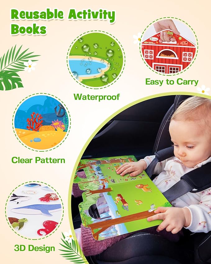 D-FantiX 3D Puffy Stickers for Kids Ages 4-8, Reusable Sticker Books for Toddlers 2-4 Years, Farm Dinosaur Ocean Safari, Car Road Trip Activities, Airplane Travel Toys, Birthday Gifts for Boys Girls