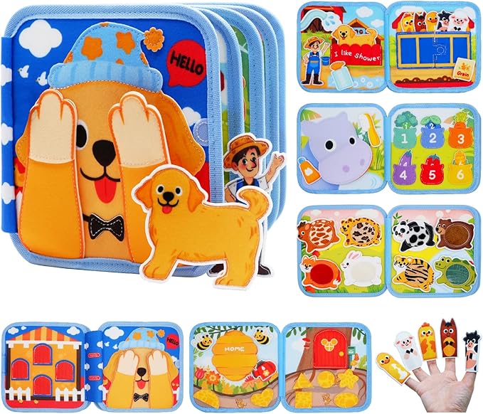 Toddler Busy Book for 1-3, Busy Board for 1+ Year Old, Toddler Airplane Travel Toys, Girl & Boy Birthday Gift, Educational Learning Activity Books, Felt Montessori Toys (Dog Theme)
