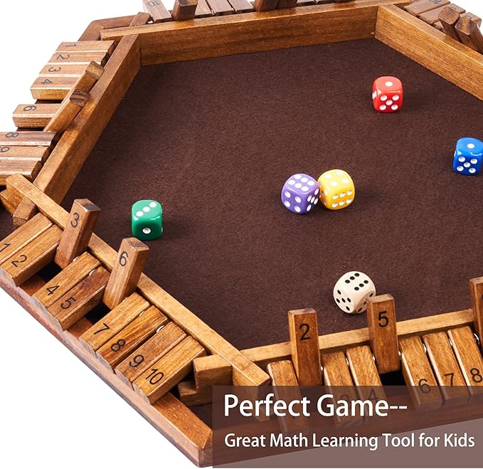 Vamslove Shut The Box Dice Game Wooden Board (L15 x W13) for 1 2 3 4 5 6 Player, 6 Sided 10 Numbers Math Games with 16 Dices for Kids Adults(Instructions Included)
