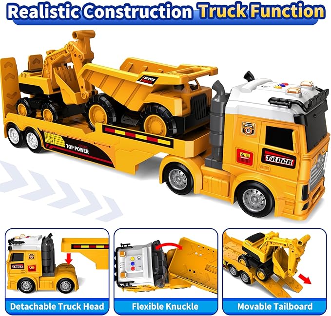 Toddler Boy Toys for Ages 3 4 5 6 7 8 Years Old, 25" Large Construction Carrier Truck Toy Excavator and Dump Truck, Friction Powered Vehicle with Lights & Sounds, Birthday Gift for Boys Girls