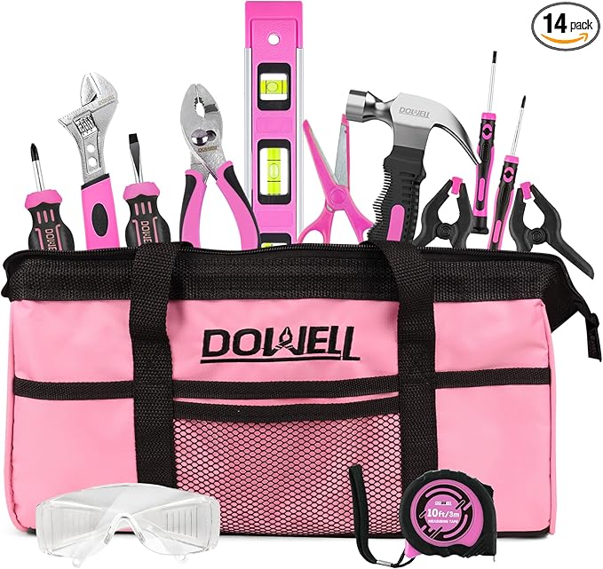 DOWELL 14 Pieces Kids Real Tools Pink Tool Set，Tool Kit with Storage Bag for Boys, Girls, Children DIY Building and Woodworking, Age 8+