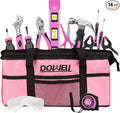 DOWELL 14 Pieces Kids Real Tools Pink Tool Set，Tool Kit with Storage Bag for Boys, Girls, Children DIY Building and Woodworking, Age 8+