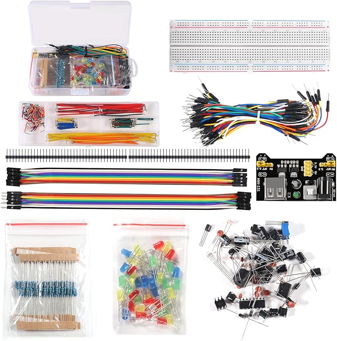 480pcs 37 Values Electronics Component Fun Kit with Power Supply Module, Jumper Wire, 830 tie-Points Breadboard, Precision Potentiometer, Resistor