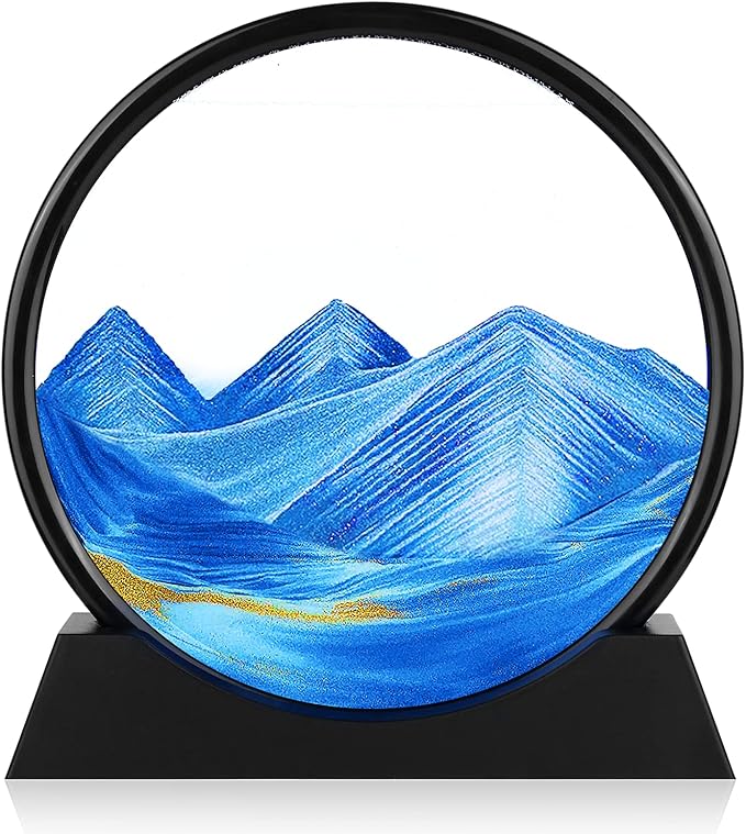 Moving Sand Art Picture - 3D Quicksand Painting Decor - Round Glass 3D Deep Sea Sandscape - Relaxing Home Decoration Desk Toys for Home Office Desk Mantle Bookshelf- (Blue, 12 in)