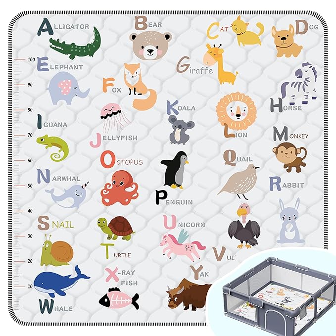 Baby Play Mat，Thick Soft 71" X 79" Playpen mat, Non-Slip and Machine Washable Baby Play Mats for Floor，Crawling Mat for Babies, Toddlers & Infants to Play and Learn (Animal Alphabet-A)