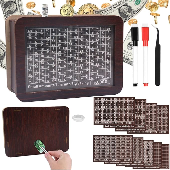 Cash Vault Wooden Savings Box 10000 5000 15000 3000 2000 1000 500 Cash Box with 2 Blank Savings Tracker, Official Save Box（Creativity 2.0）