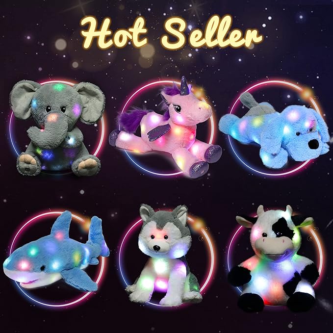 Hopearl LED Plush Kitty Lighting Up Stuffed Animal Cat Floppy Kitten Night Lights Glow in The Dark Birthday Festival for Kids Toddler Girls, Gray, 13.5''