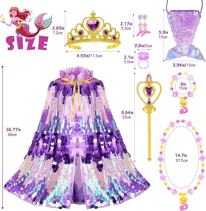 Princess Dress Up Toys Mermaid Dress Up Cape Kit 9 Pcs Gift Set for Little Girls 3-8 Years Old