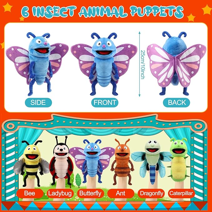 Lenwen 6 Pcs Operation Christmas Items Bulk Animal Hand Puppets with Working Mouth 10 Inches Plush Puppets for Toddler Kid Storytelling Imaginative Role Play Show Party Gifts(Insect)