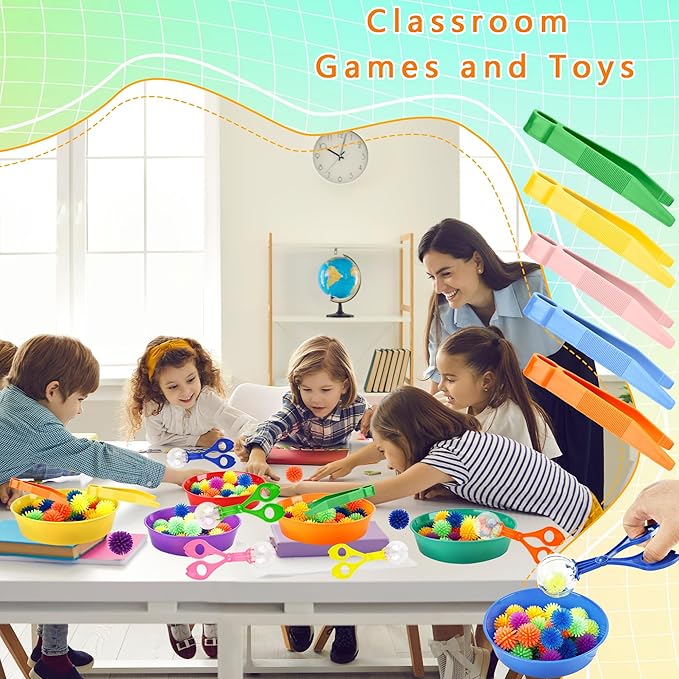 141 Pieces Fine Motor Toy Counting Sorting Sensory Bin Filler Include 6 Colorful Sorting Cup 10 Tweezers 5 Bear Ball Clip 120 Hedge Balls for Kid Early Skill Education