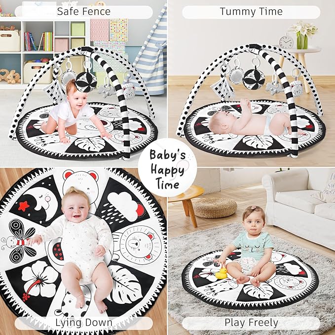 Black and White Tummy Time Mat, Play Mat for Babies 0-6 Months High Contrast Baby Play Activity Gym Baby Tummy Time Play Mat with 5 Toys for Early Sensory Exploration Newborn Infant Baby Playmat