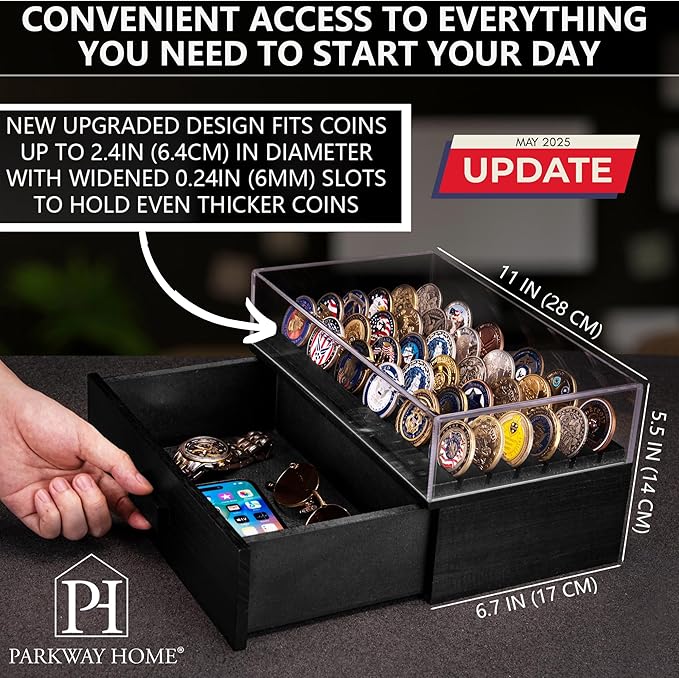 Large Black Wooden Challenge Coin Display Case with Clear Cover - Military Coin Display Case Holds 36 Coins on Top & 36 in The Storage Drawer - Versatile Coin Stand Holder & Poker Chip Display Case