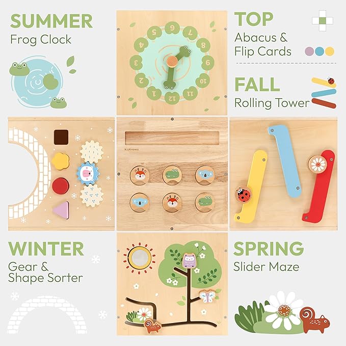 9-in-1 Wooden Activity Cube Baby Busy Board, Montessori Toys for Toddler Play Activity Center, Early Educational Toys with Shape Sorter, Abacus & Gear Toy, Sensory Gifts for Boys Girls