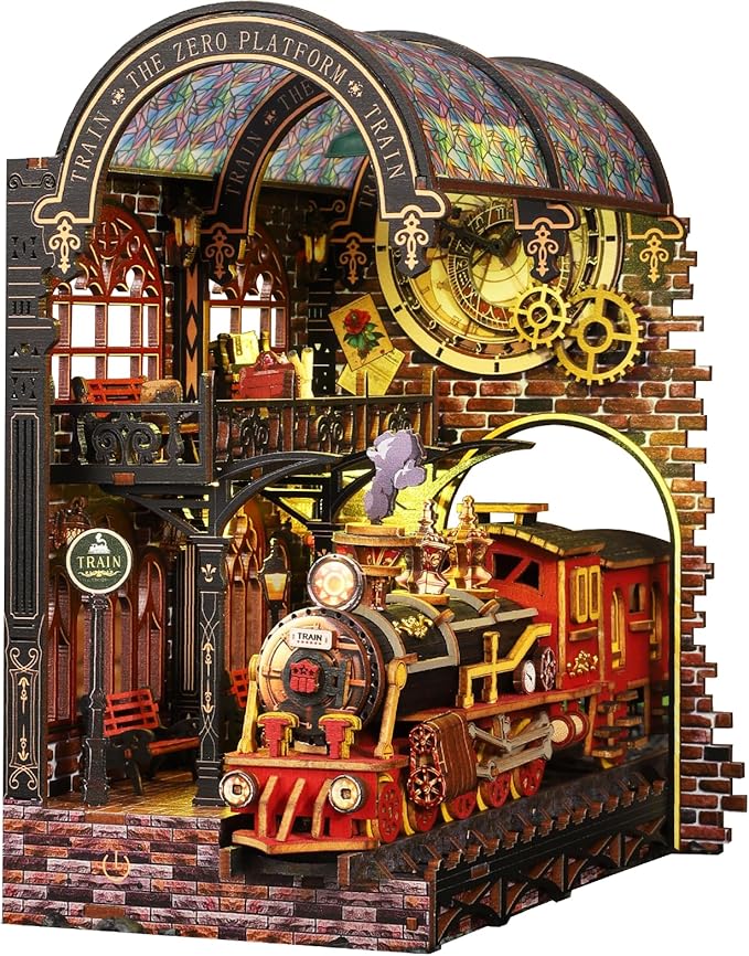 DIY Book Nook Kit for Adults - LED Magic Station Book Nook with Steam Train, Mini House Bookshelf Decor 3D Wooden Puzzles with LED Light, Alley Model Build Birthday Gift for Family, Friends