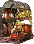 DIY Book Nook Kit for Adults - LED Magic Station Book Nook with Steam Train, Mini House Bookshelf Decor 3D Wooden Puzzles with LED Light, Alley Model Build Birthday Gift for Family, Friends