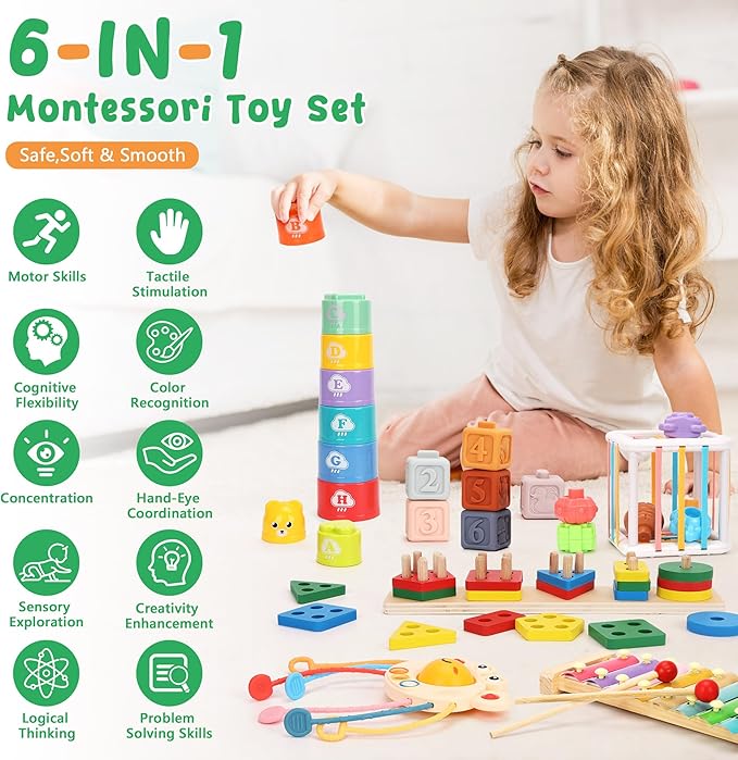 Montessori Baby Toys 6-12 Months Sensory Boxes & Teethers. 6-in-1 Stacking Blocks with Crab Design. Shape Sorting & Sensory Toys for 6-36 Months Babies.