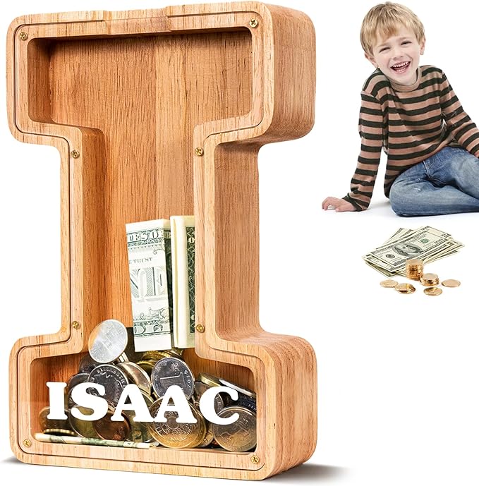 KMC Wooden Letter Piggy Bank, Personalized Initial Piggy Bank for Kids Boys, Clear Alphabet I Wood Money Box, Unbreakable Coin Saving Jar, Birthday, for Children