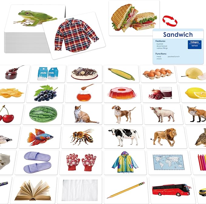 140 Noun Picture-Word Cards, Picture Flashcards Language Builder Visual Aid Speech Development Tool for Autism, ESL Teaching Materials for Adults, Non-Verbal Children Vocabulary Builder for Toddlers
