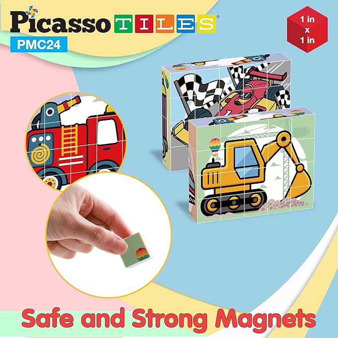PicassoTiles Magnetic Cube Puzzle 6-in-1 Vehicle Theme Pattern Magnet Brain Teaser Cubes Building Block 120 Pictures Toy Set Kids Ages 3 & Up Preschool Children Promotes Problem PMC24
