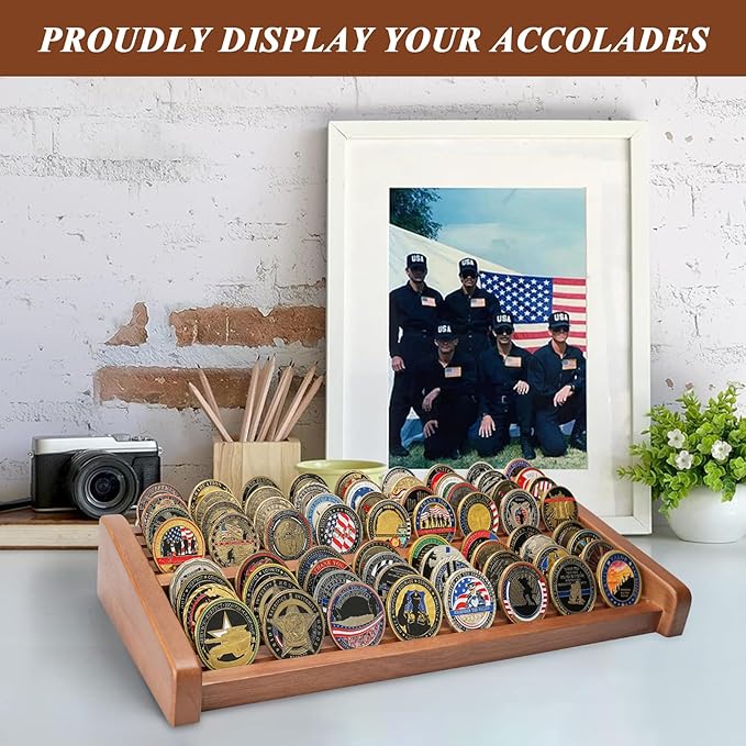 Challenge Coin Display Holder, 8 Rows Solid Wood Military Coin Stand Holds 60-70 Coins, Army Coin Display Rack for Desk (Walnut Finish)