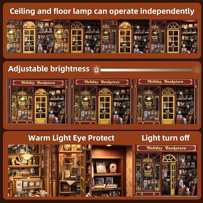 Book Nook Kit-3D Wooden Puzzle with LED Switch Control & Wall-Mountable Frame,DIY Miniature House for Beginners,Bookshelf/Tabletop/Wall Decor for Craft Lovers,Dollhouse Gift,Holiday Bookstore