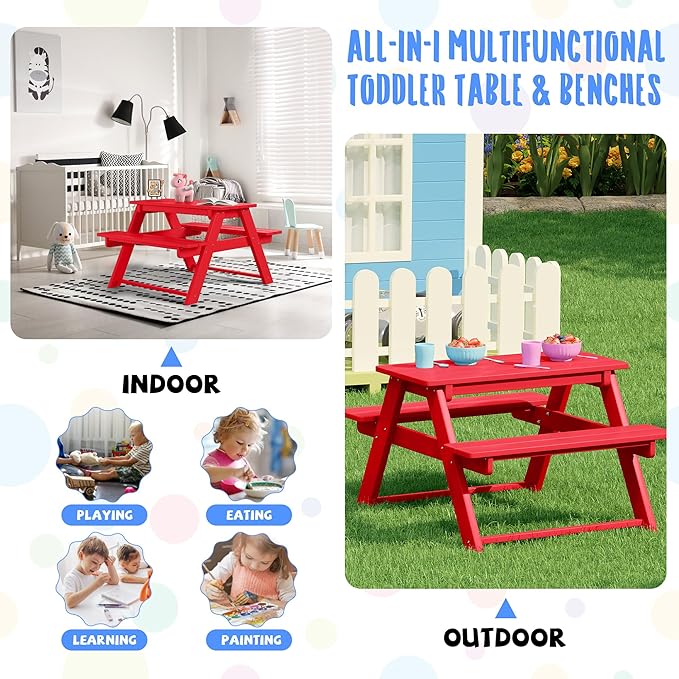 Costaelm Kids Picnic Table, HDPE All Weather Outdoor Toddler Picnic Table and Chair Set Kids Bench for Patio, Backyard, Garden, Lawn, Red