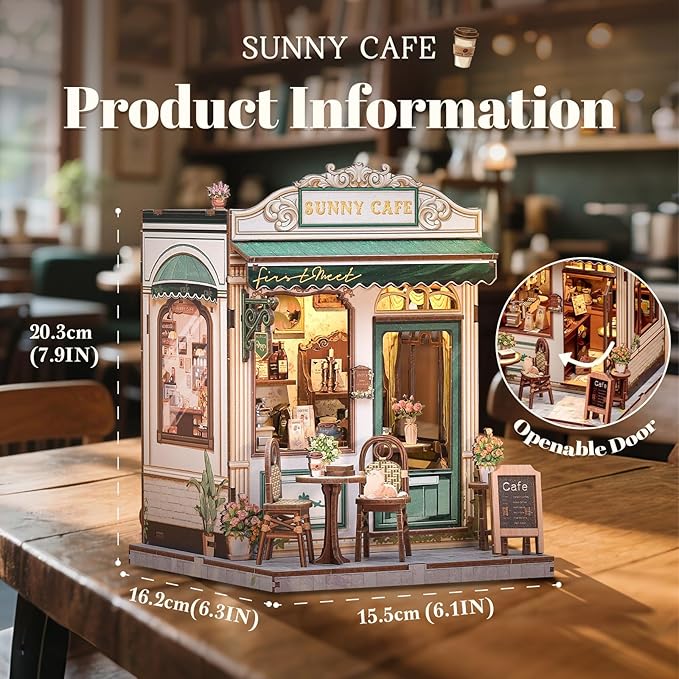 Fsolis Book Nook Kit - DIY Scene Miniature Dollhouse Kit for Adults Bookshelf Puzzle Tiny House Mini Craft Coffee Shop Model Bookshelf Decor Gifts for Women Book Lovers Puzzle Beginners (Sunny Cafe)