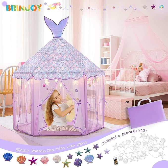Princess Tent for Girls with Lights, Large Pretend Play Tent Castle w/Carry Bag & Stickers & Detachable Fishtail Top Indoor Outdoor, 67”x55” Ocean-Theme Kids Playhouse Gift for Toddler Age 3+