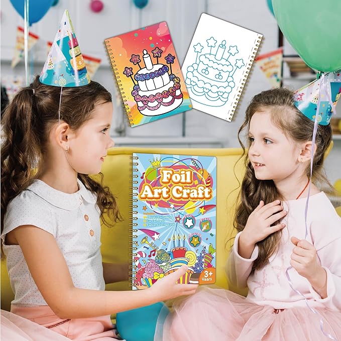 Fun & Mess-Free Foil Art Kit for Kids – 80 Foil Sheets & 32 Art Cards, No Glue Needed, Creative Craft Gift for Christmas Halloween Holiday Birthday（Birthday Version）
