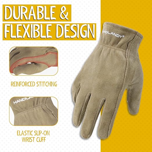 HANDLANDY Kids Genuine Leather Work Gloves for ages 3-11, Children Gardening Gloves for Boys, Girls (Large (age8-11), Khaki)