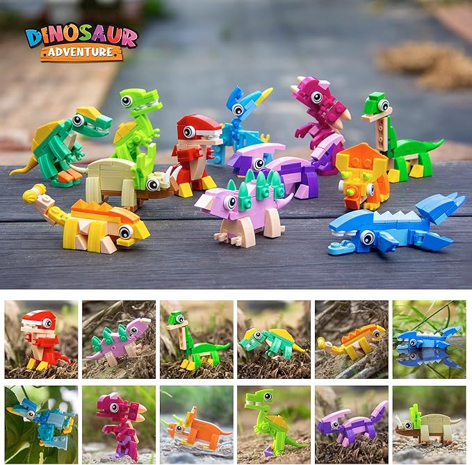 Dinosaur Party Favors for Kids – 12 Dino Figures in Prefilled Eggs, 3-in-1 Building Block Toy Set with Glow Tattoos, Christmas & Birthday Gift, Goodie Bag Filler, Stocking Stuffer, Boys & Girls 6+