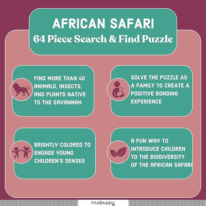 Mudpuppy African Safari — 64 Piece Search & Find Puzzle Jigsaw Puzzle Featuring Diverse Safari Animals and Over 40 Hidden Images to Find for Ages 4+
