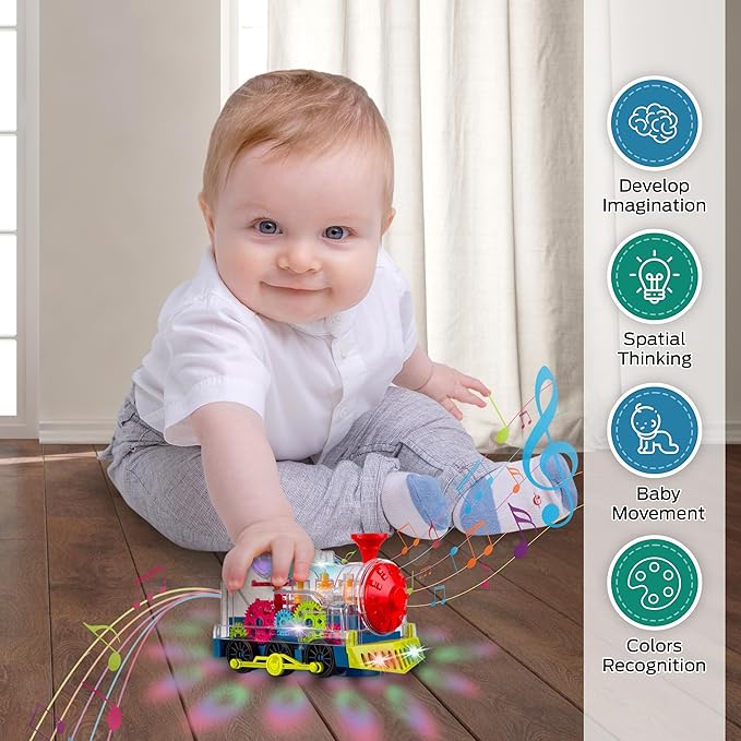 Light up Baby Train Toy - Transparent Gear Musical Train with LED Lights & Music - Educational Sensory Crawling Toys for Infants and Toddlers for Boys & Girls
