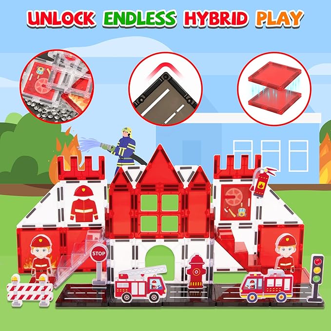 cossy Magnetic Tiles Firefighter Set, Magnet Tiles with Firefighter, Magnetic Tiles for Kids Ages 4-8, STEM Toys, Magnet Blocks for Boys and Girls, Creative Building Toys, Firefighter