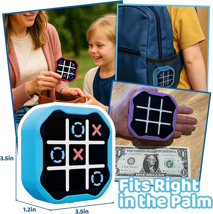 4-in-1 Rechargeable Electronic Tic Tac Toe Game – Handheld Travel Toy with Memory & Whack-a-Mole, Silent Mode, Fun for Kids & Adults, Ages 3+, Blue