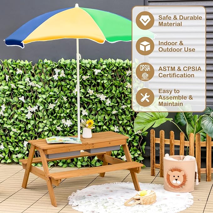 HONEY JOY Kids Picnic Table, 4 in 1 Cedar Wooden Sand & Water Table w/ 2 Removable Box & Umbrella, Kids Picnic Tables for Outdoors Backyard Garden, Toddler Patio Furniture Set for Boys Girls(Colorful)