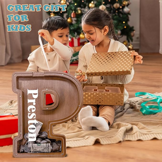 Wooden Letter Piggy Bank for Kids Larger Letter Piggy Bank for Boys and Girls Personalized Piggy Bank Initial Coin Bank Wood Kids Money Bank for Birthday and Festival