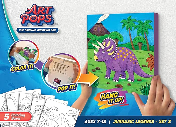 ArtPops Coloring Boxes – Pop-Up Pre-Printed Coloring Box Set – DIY Wall Art Kit for Kids – Eco-Friendly, Easy to Hang, No Frame Needed – 5-Pack, Epic Dinos