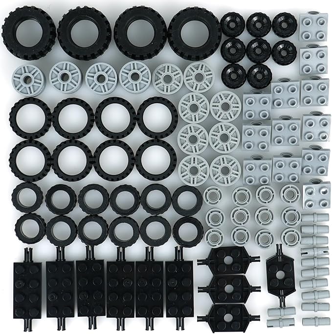 Wheels and Axles Building Blocks Set, Vehicle Truck Tires Compatible with Classic Bricks Car Parts