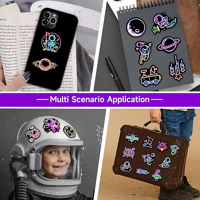 52 Pcs Neon Astronaut Stickers for Kids, Waterproof Space Sticker for Water Bottle, Vinyl Laptop Decals for Teens Girls Boys, Students Adults Sticker Pack