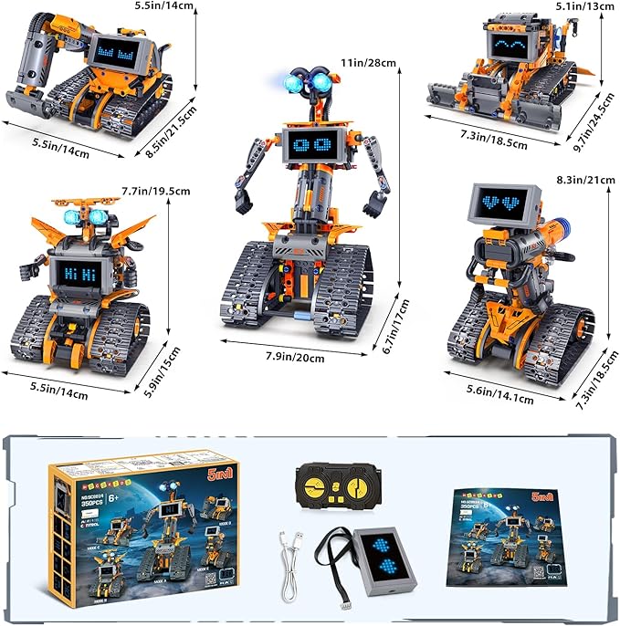 Robot Toys with LED Eyes & 18 Expression Building Toy, 5-in-1 App & Remote Control Rechargeable Robotics Set for Kids, RC Programmable Projects Educational Gift for Boys Girls 8-14 Year Old Teens