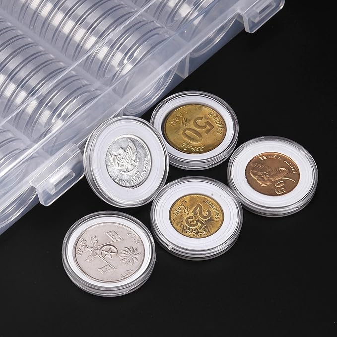 SPLF 100 Pieces 30mm Coin Capsules and 5 Sizes (17/19/21.5/25/27/29.5mm) White Protect Gasket Coin Holder Case with Plastic Storage Organizer Box for Collection Supplies