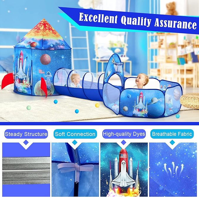 PigPigPen 3pc Kids Play Tent for Boys with Ball Pit, Crawl Tunnel, Rocket Ship Tents for Toddlers, Baby Space World Playhouse Toys, Boys Indoor& Outdoor Play House, Perfect Kid’s Gifts