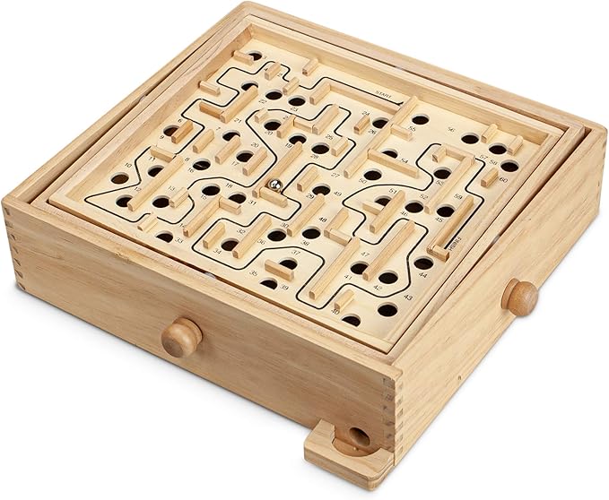 STERLING Wooden Labyrinth Marble Maze Game, Large 12.75" x 11.5" Tilt Maze Game Board with 60 Waypoints and Marble Balls Included, for Kids and Adults 6 Years and Up