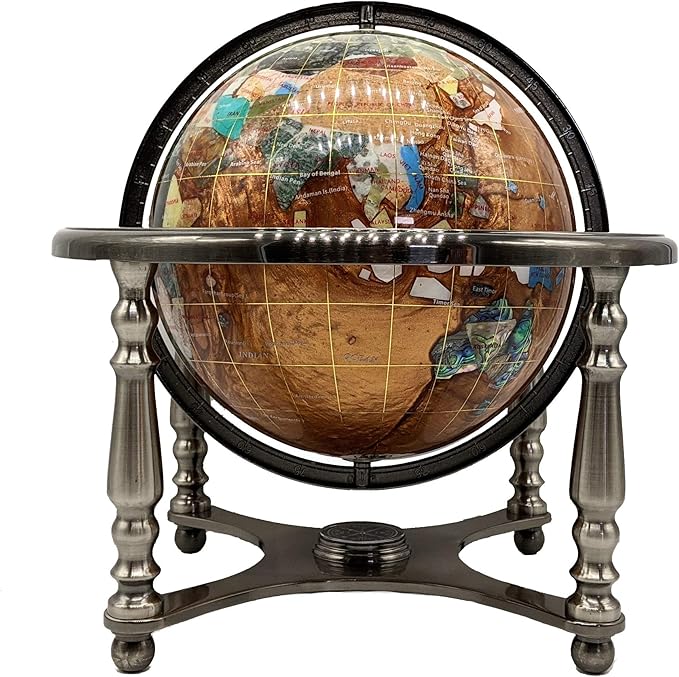 unique art since 1996 Limited Edition! unique art since 1996 Amber Pearl Swirl Table Top Gemstone World Globe with 4-Legs Silver Zinc Alloy Stand (220MM/9 INCHES 4 Leg/Amber Pearl Ocean)