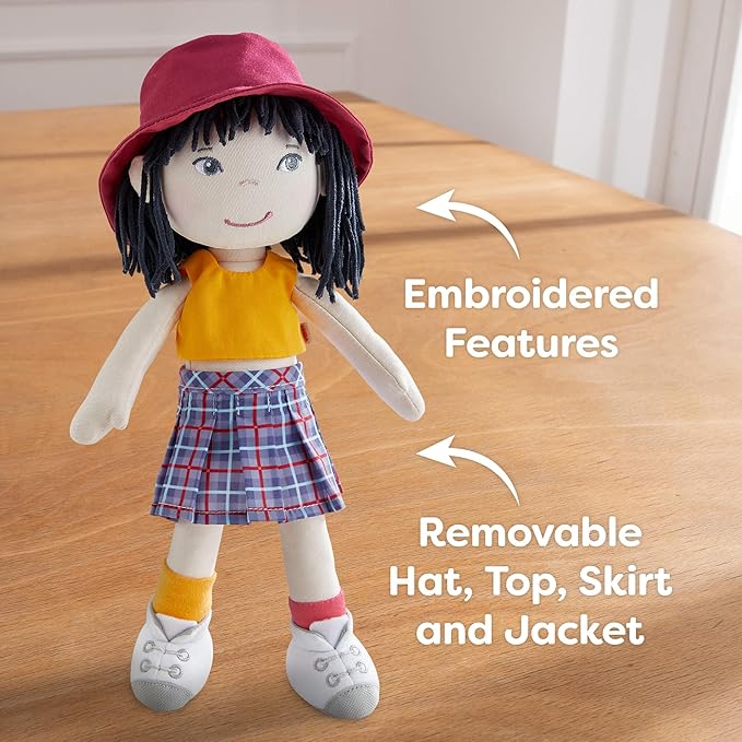 HABA 12" Soft Doll Yuki with Black Hair, Embroidered Face, Stylish Bucket Hat and Clothes - Washable Toddler Baby Doll for 18 Months+