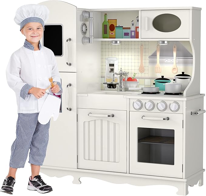 Wooden Play Kitchen for Toddlers & Kids – Pretend Kitchen Set with Sink, Oven, Stove, Microwave, Lights & 9 Accessories – Durable Wooden Kitchen Toy for Ages 3–8 – by Kiddery Toys